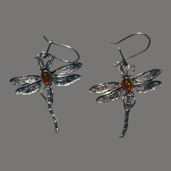 Artisan Jewelry - Dragonfly Amber & Sterling Silver 925 Vintage Dangle Earrings